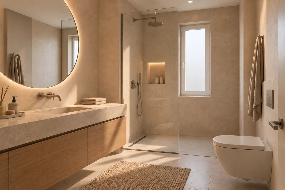 Baño con ducha a ras de suelo y materiales de tonos naturales.
